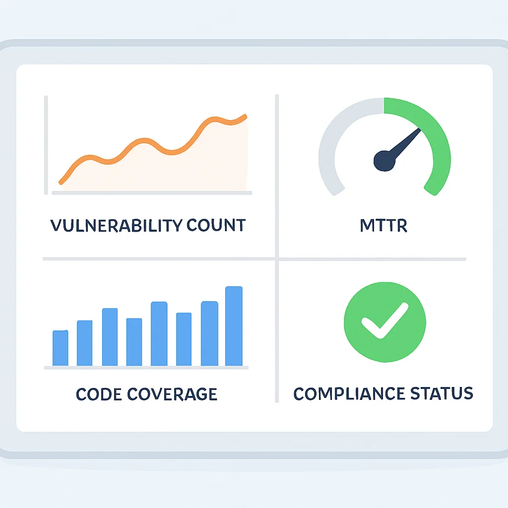 Dashboard de métricas DevSecOps mostrando contagem de vulnerabilidades, MTTR e cobertura de código