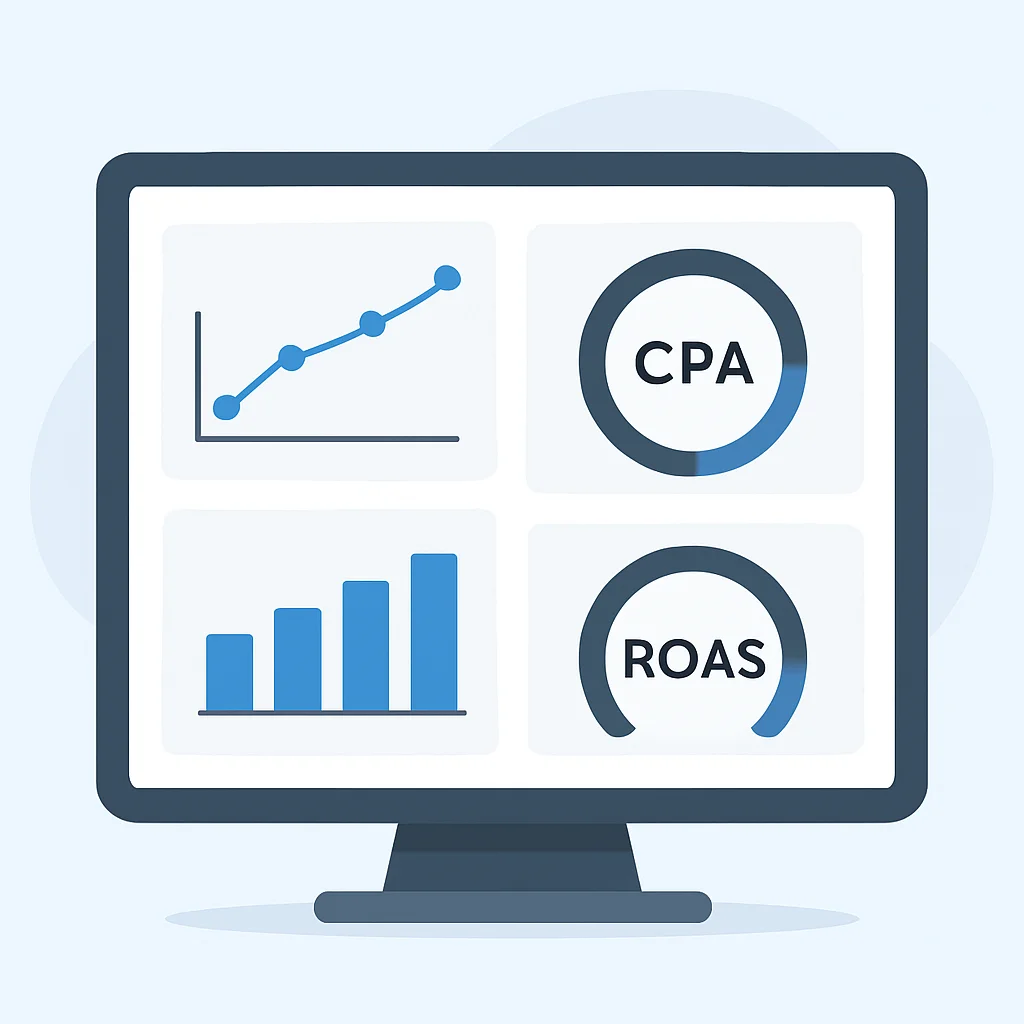 Painel de métricas de performance marketing com CPA, LTV e ROAS
