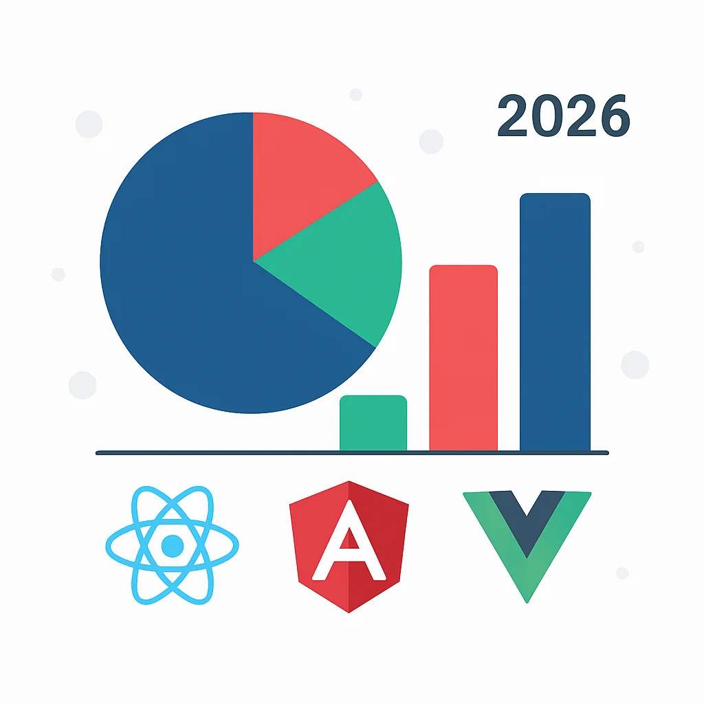 Visualização de dados da participação de mercado de React, Angular e Vue.js em 2026