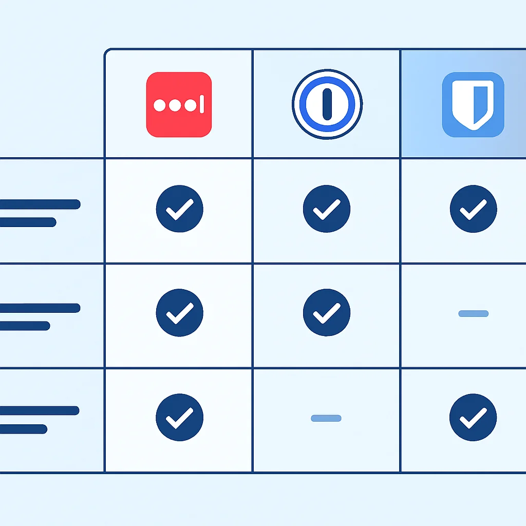 Matriz de comparação detalhada destacando recursos como suporte CLI, gerenciamento de chaves SSH e natureza de código aberto para LastPass, 1Password e Bitwarden.