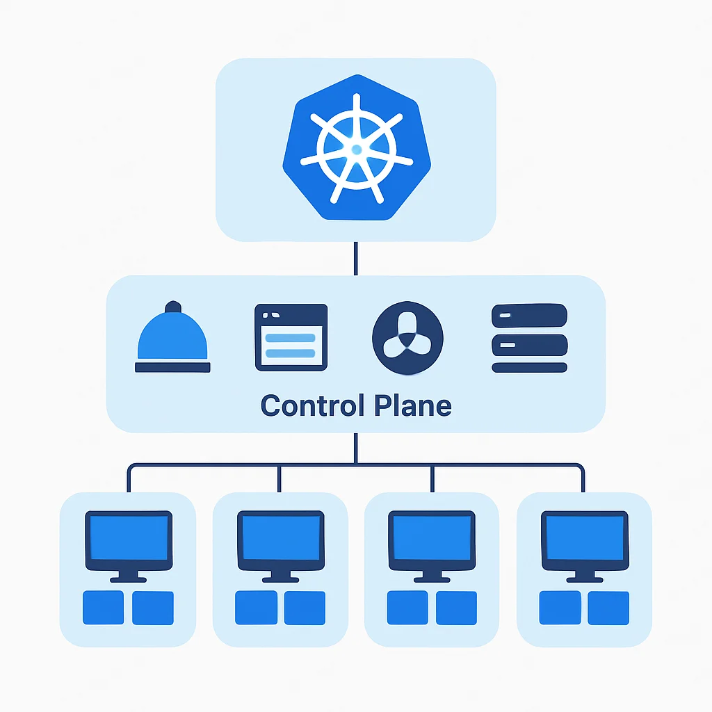 Diagrama detalhado da arquitetura Kubernetes mostrando componentes do Plano de Controle e Nós de Trabalho