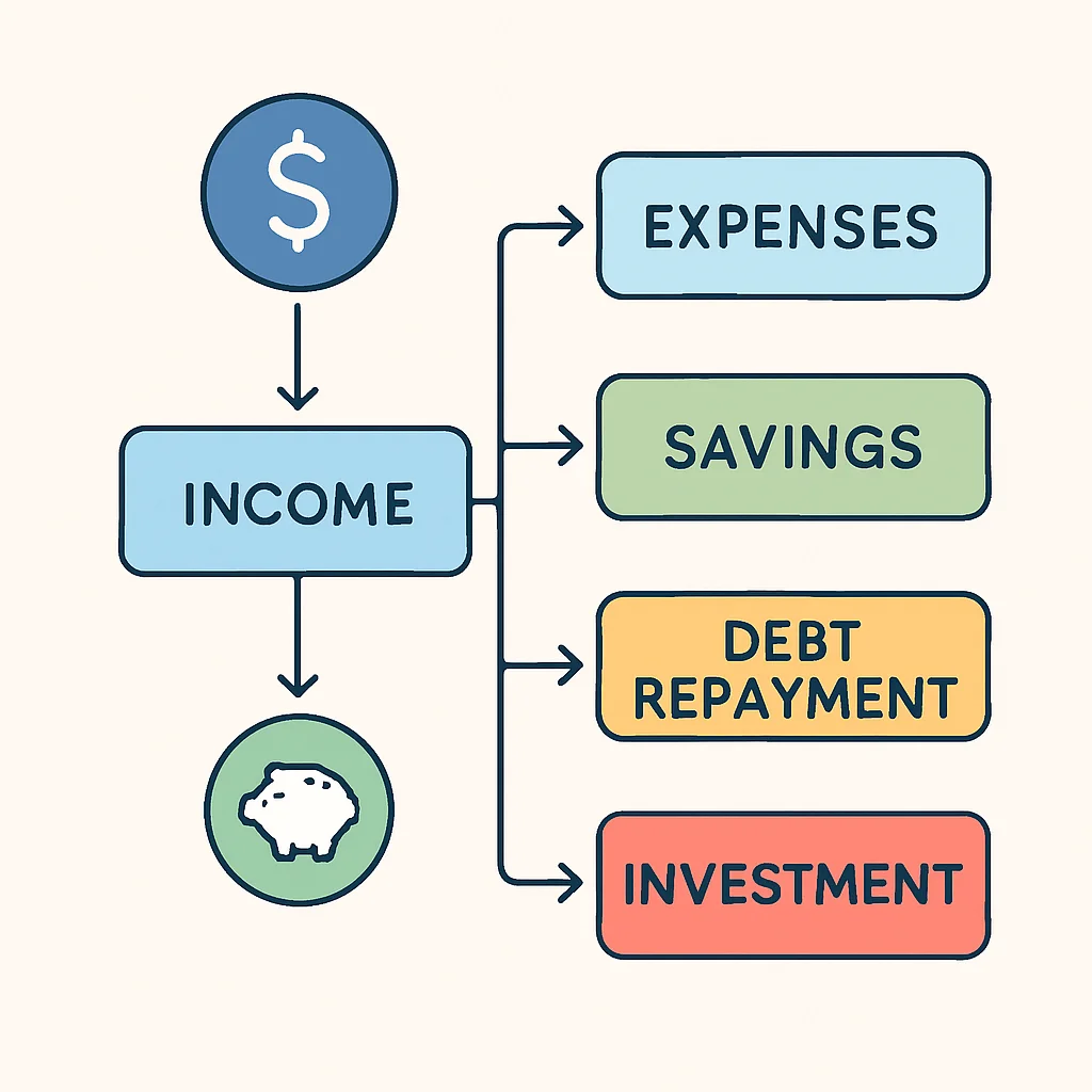 Diagrama detalhado de planejamento financeiro com fluxos de receita, despesas, poupança, pagamento de dívidas e investimentos