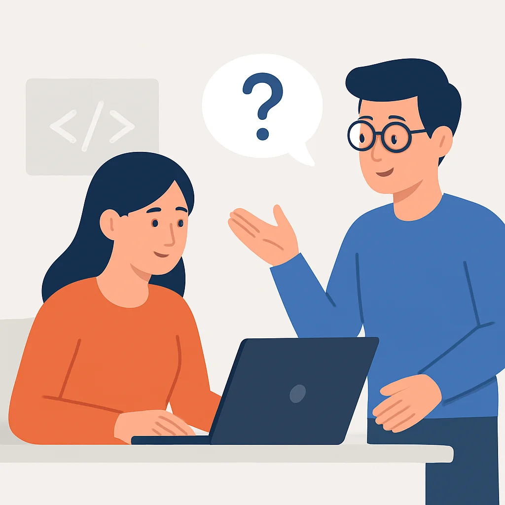 Desenvolvedor pedindo feedback de um colega em um ambiente colaborativo