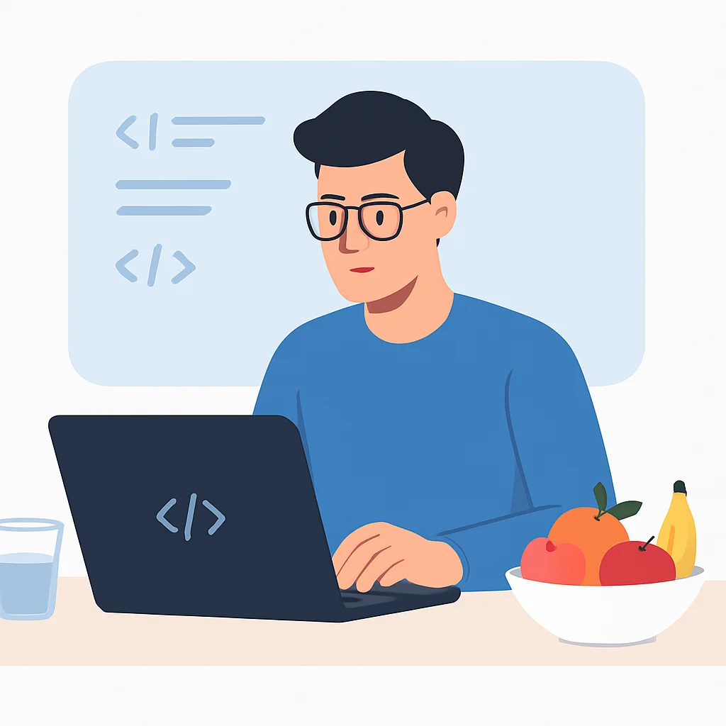 Desenvolvedor trabalhando no laptop com água e frutas na mesa, simbolizando um ambiente de trabalho saudável