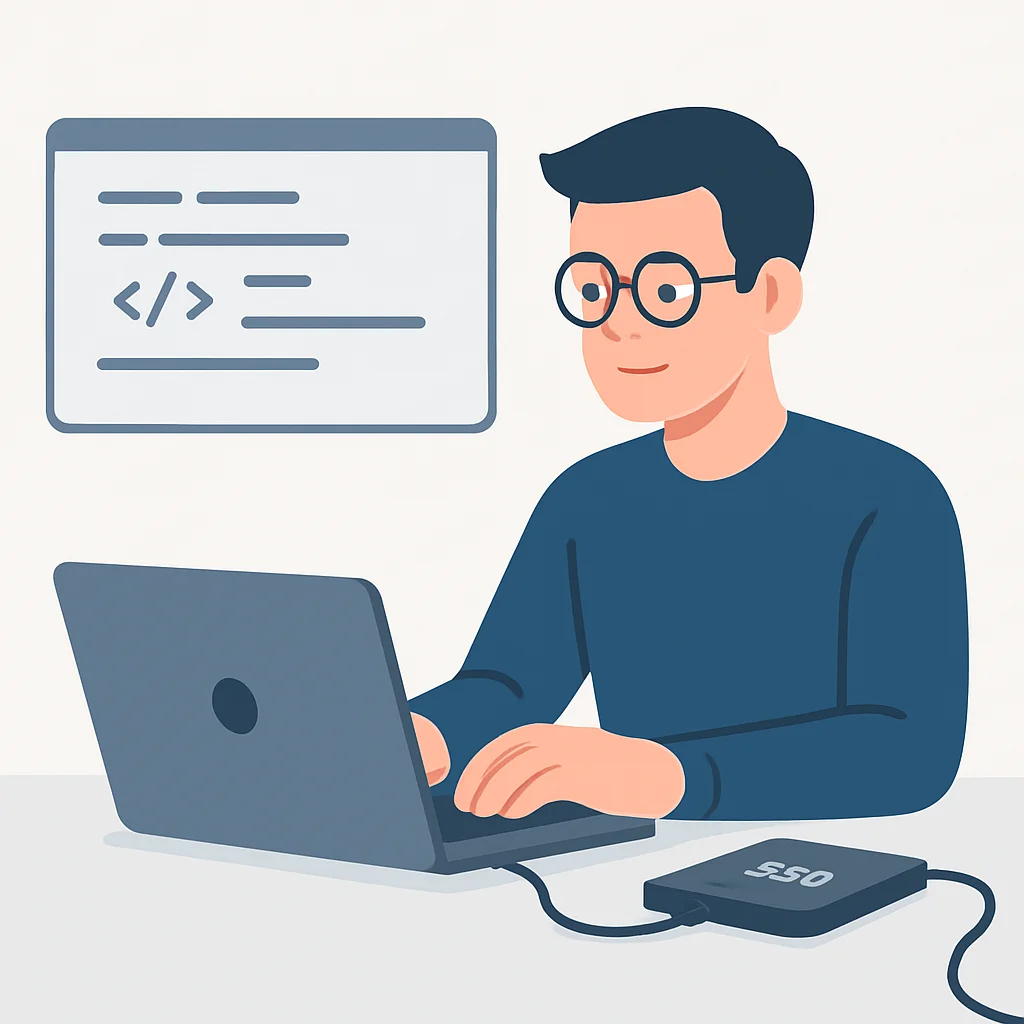 Desenvolvedor trabalhando em laptop, com SSD externo visível, implicando fluxo de trabalho e produtividade sem interrupções