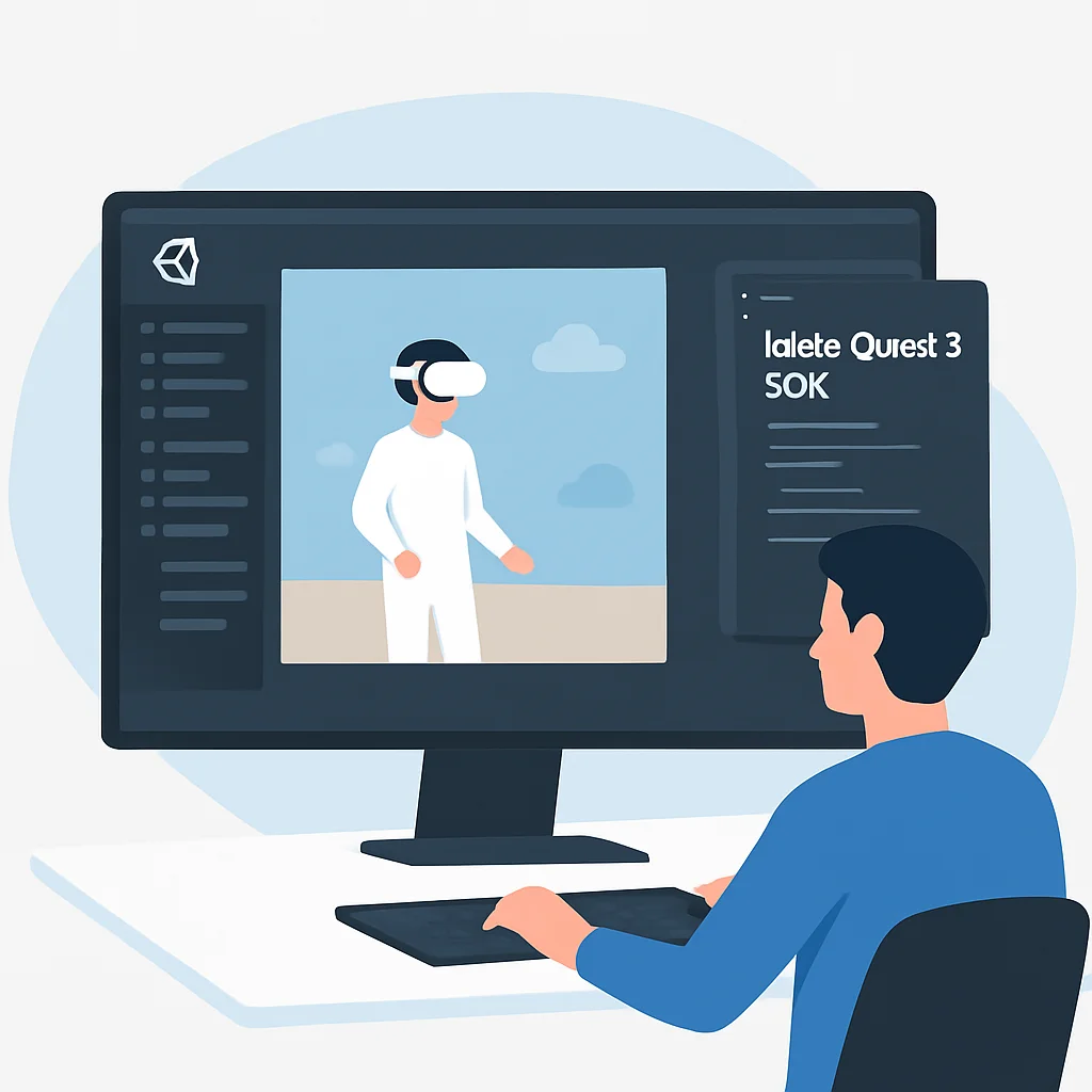 Desenvolvedor trabalhando no editor Unity com o SDK do Meta Quest 3 integrado, mostrando uma cena de VR