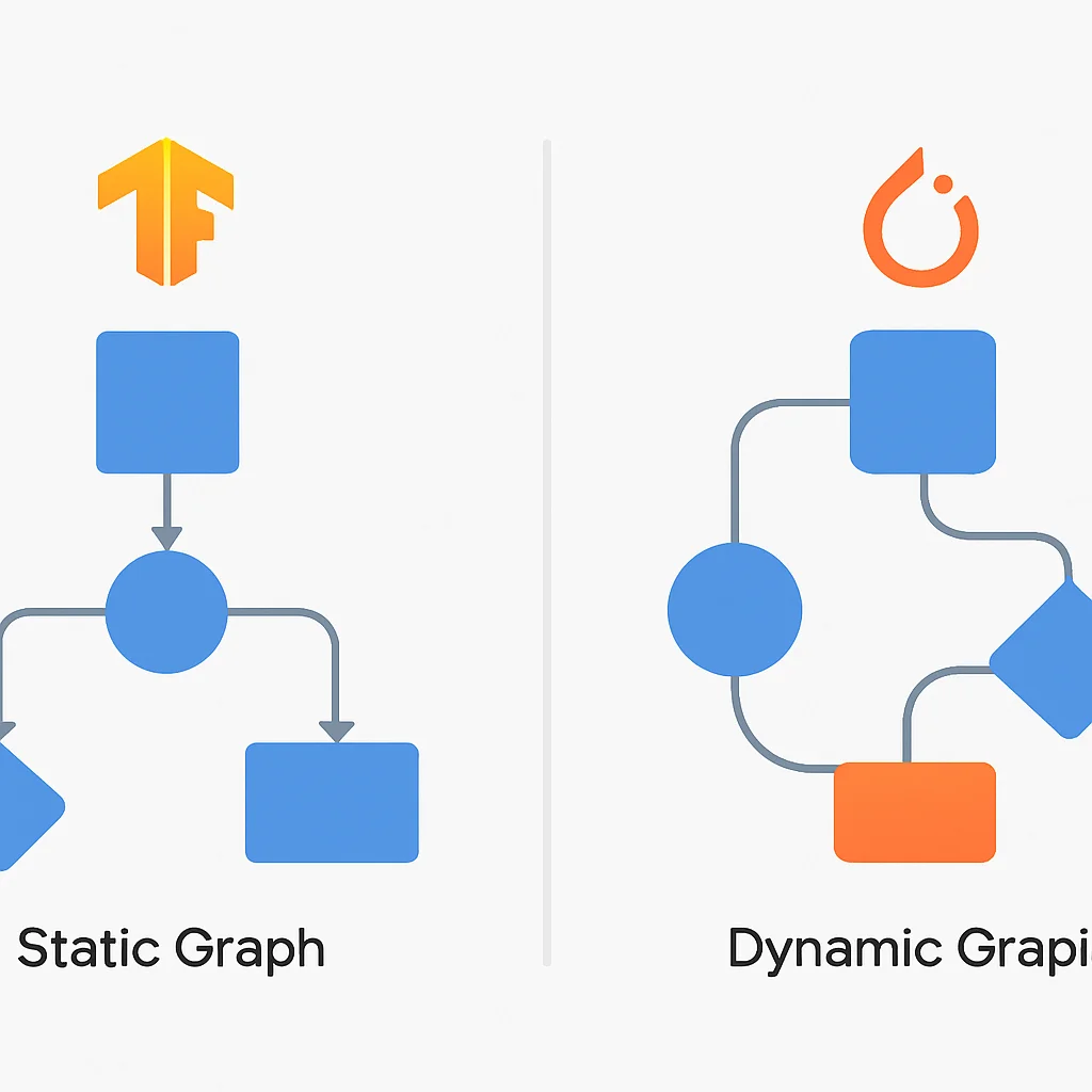 Diagrama comparando gráficos computacionais estáticos e dinâmicos em TensorFlow e PyTorch