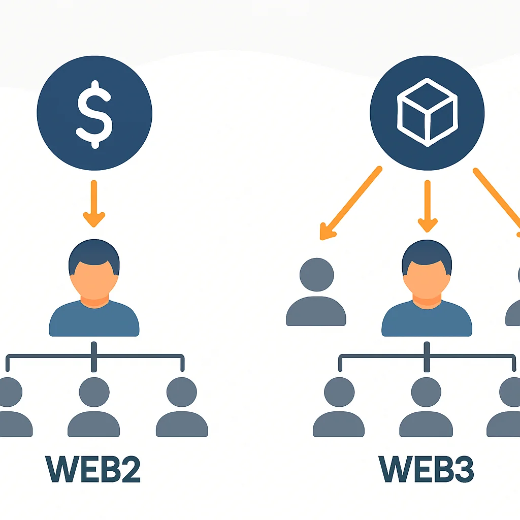 Diagrama comparativo da economia do criador Web2 centralizada vs. Web3 descentralizada e seus fluxos de receita