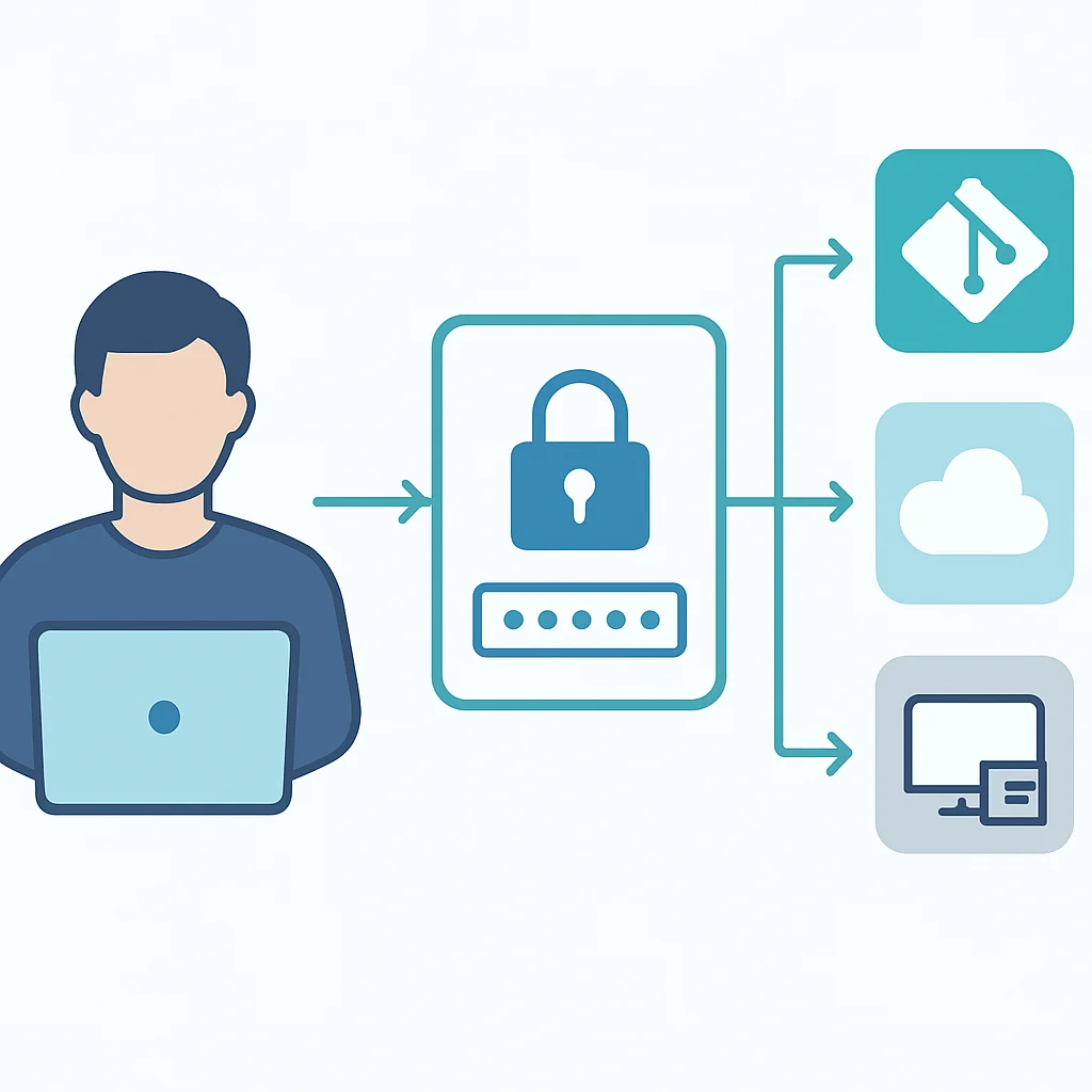 Diagrama mostrando o fluxo de trabalho de um desenvolvedor integrado com um gerenciador de senhas, ilustrando acesso seguro a ferramentas como Git, plataformas de nuvem e sistemas internos.