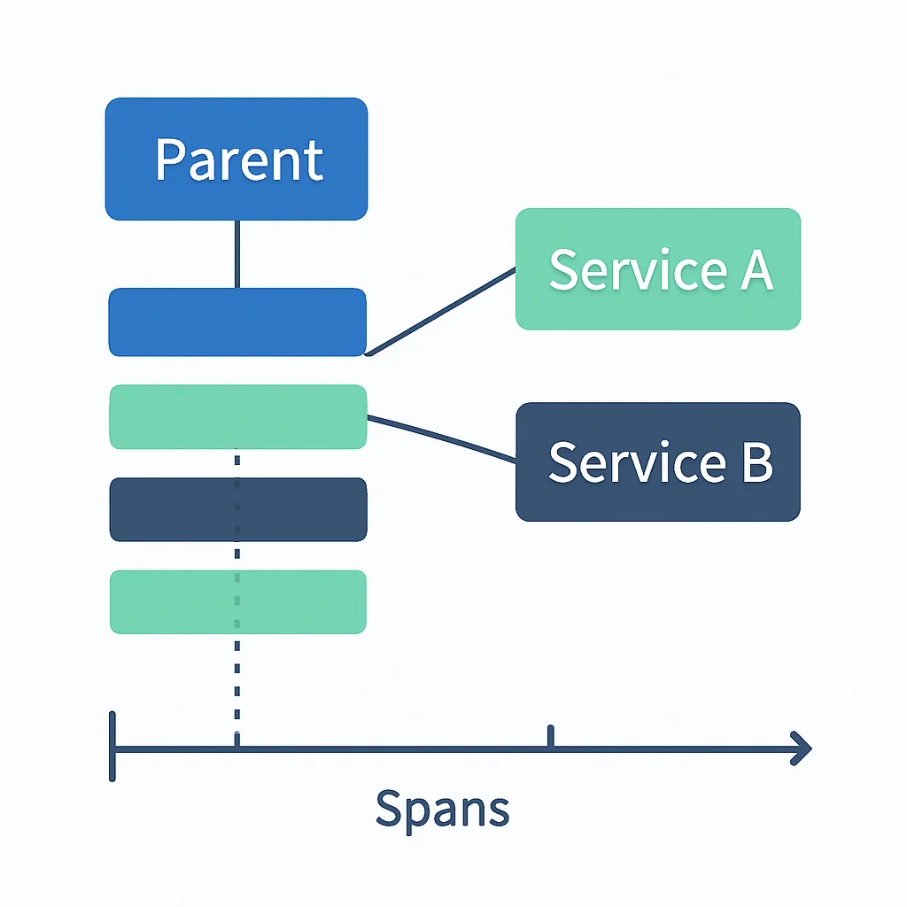 Diagrama de um trace distribuído mostrando a jornada de uma requisição através de múltiplos serviços e seus spans.