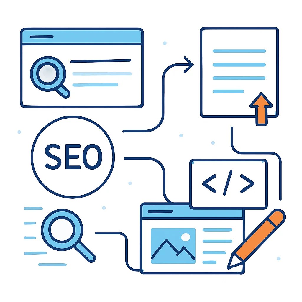 Diagrama de estratégia de SEO técnico e marketing de conteúdo com pesquisa de palavras-chave e geração de conteúdo programático