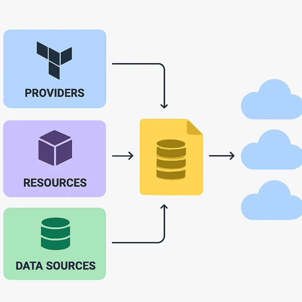 Diagrama de arquitetura do Terraform mostrando provedores, recursos, fontes de dados e arquivo de estado interagindo com APIs da nuvem