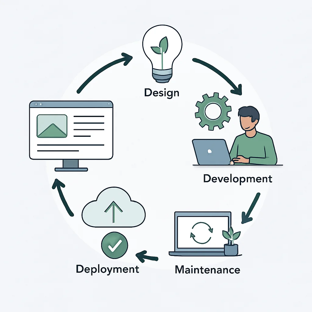 Diagrama ilustrando o ciclo de vida do desenvolvimento de software sustentável, do design à implantação e manutenção