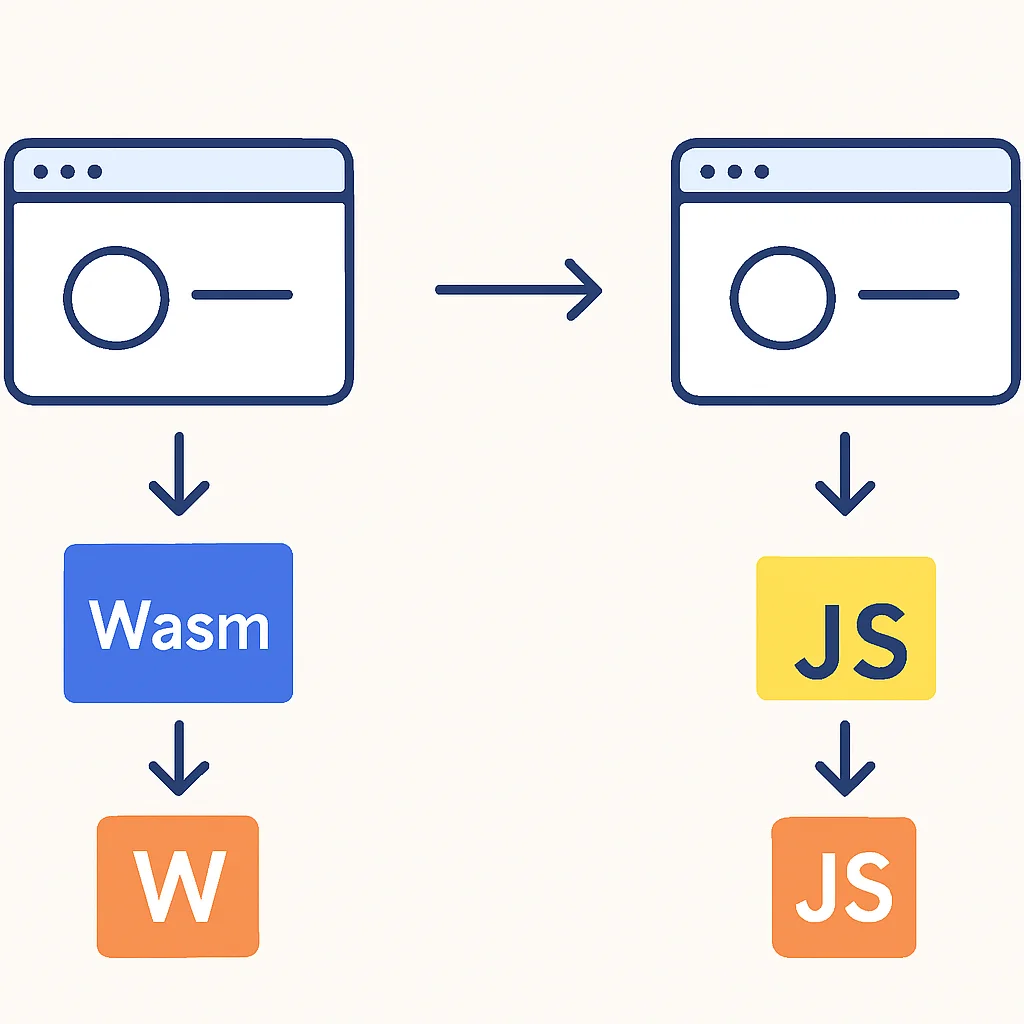 Diagrama ilustrando o fluxo de compilação e execução do WebAssembly no navegador, comparando-o com o processo de interpretação do JavaScript