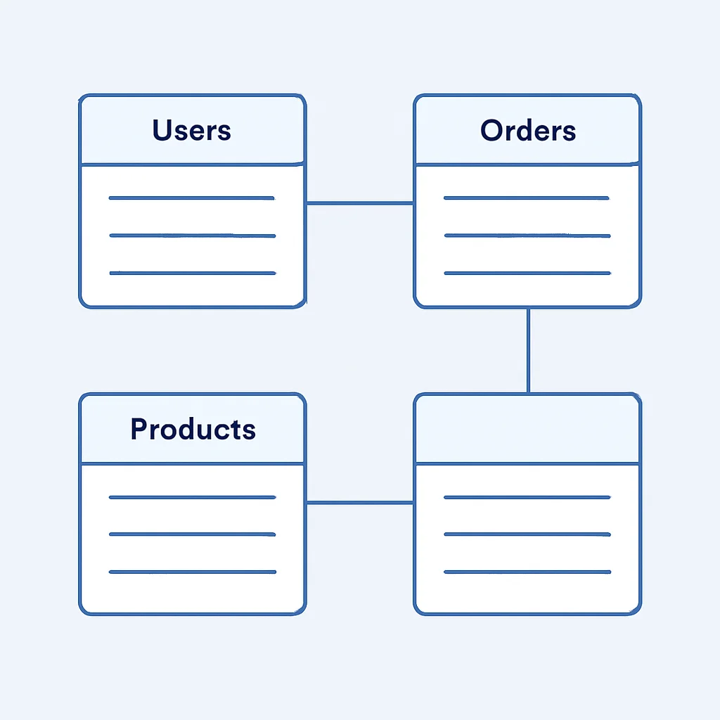 Diagrama de um esquema de banco de dados relacional com tabelas de Usuários, Pedidos, Produtos e seus relacionamentos