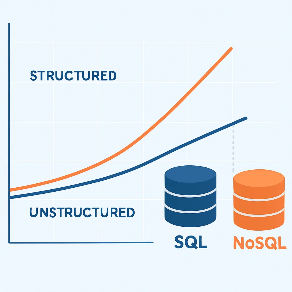 Diagrama de tendências de crescimento de dados estruturados vs. não estruturados e a necessidade de SQL e NoSQL