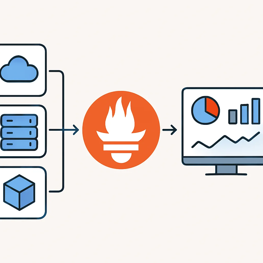 Diagrama mostrando Prometheus coletando métricas de serviços e Grafana exibindo dashboards.