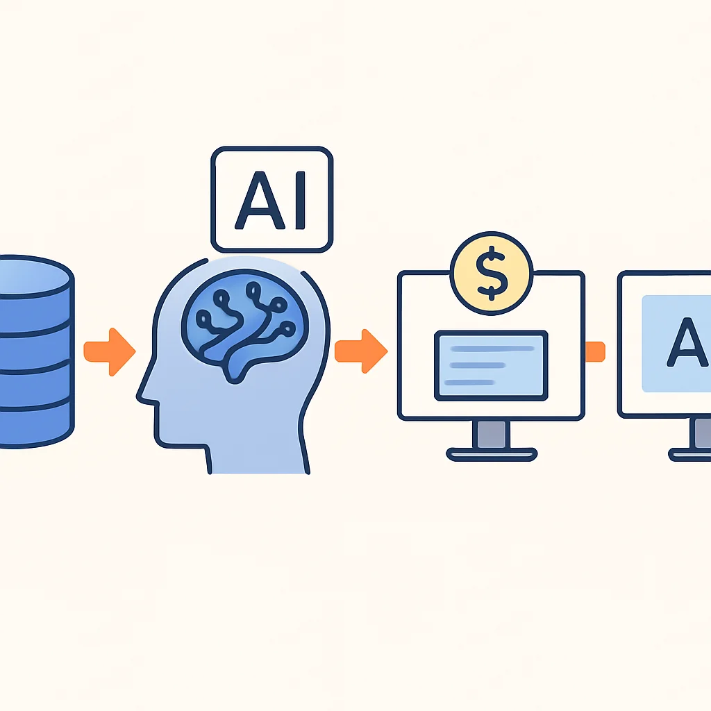 Diagrama mostrando o fluxo da publicidade programática impulsionada por IA, da coleta de dados à licitação em tempo real e entrega de anúncios