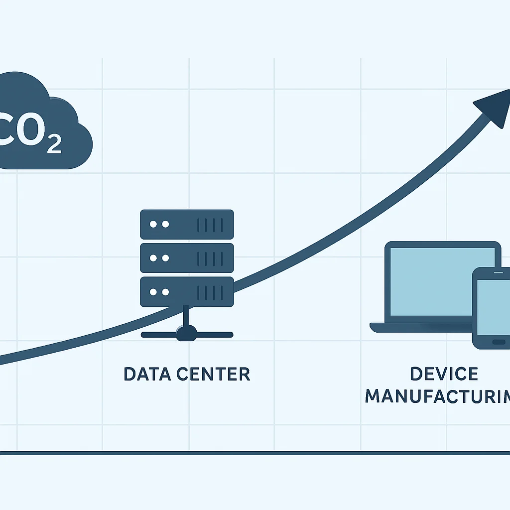 Diagrama mostrando a pegada de carbono crescente da indústria de TI ao longo do tempo, focando em data centers e fabricação de dispositivos