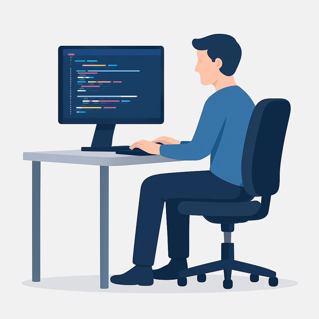 Configuração ergonômica de estação de trabalho para um desenvolvedor, mostrando altura correta do monitor, teclado e postura da cadeira