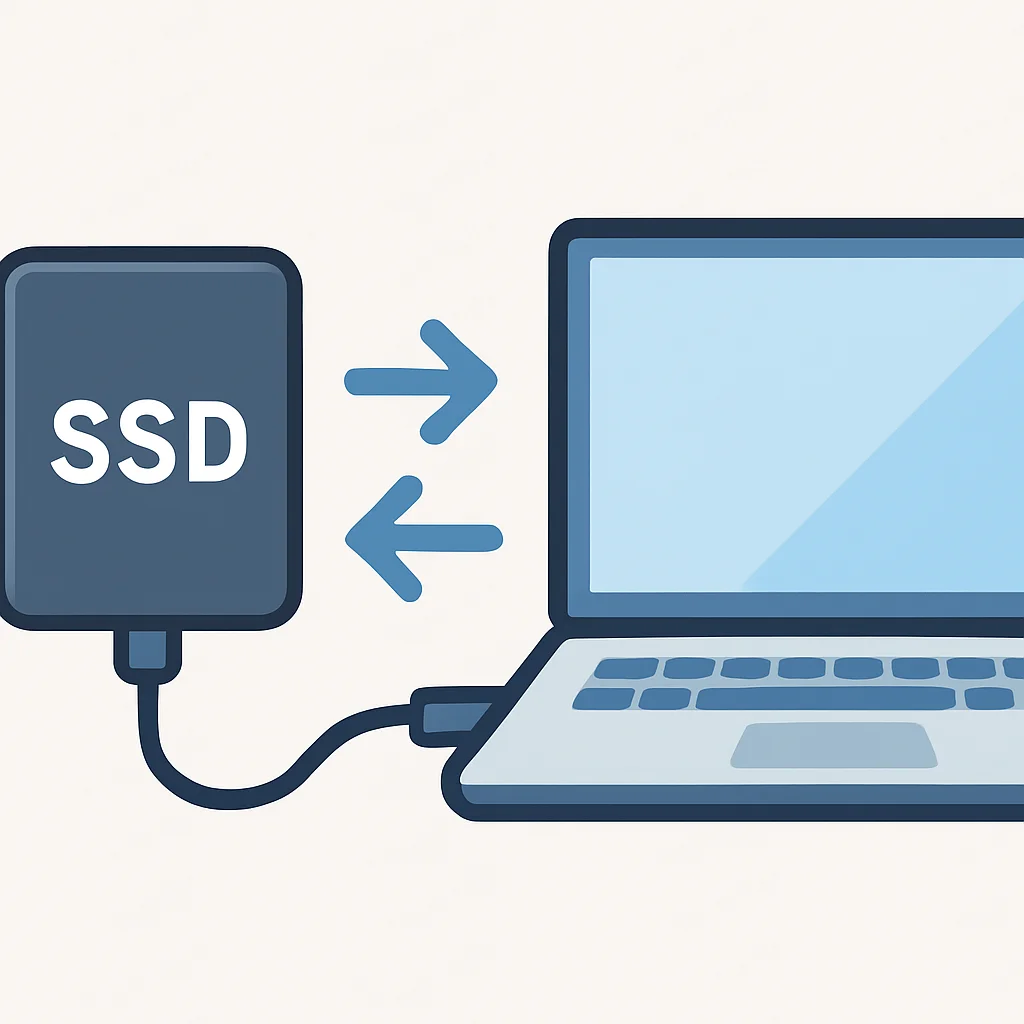 SSD externo conectado a um laptop via USB-C, com setas de fluxo de dados mostrando velocidade e portabilidade