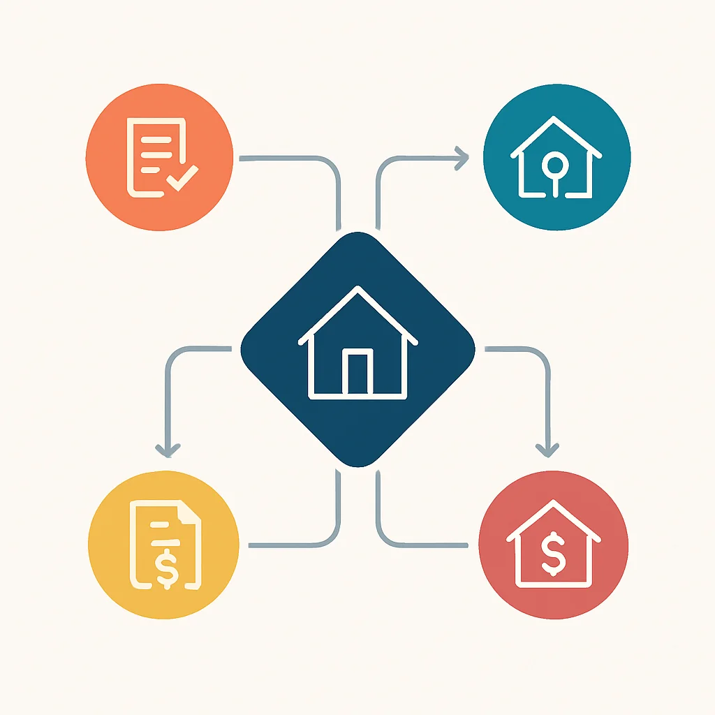 Diagrama de fluxo dos impostos imobiliários e seus gatilhos (compra, propriedade, herança, venda)