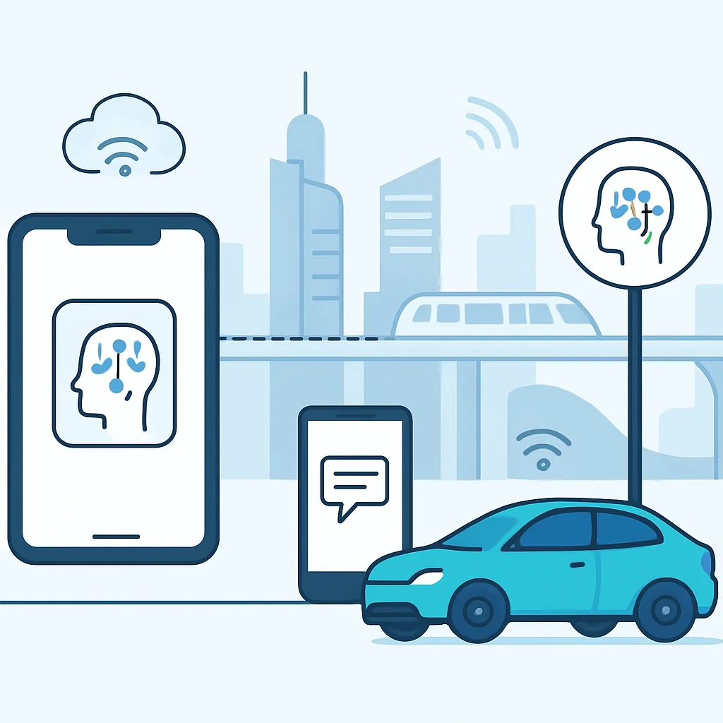 Cena de cidade futurista com dispositivos inteligentes integrados com IA local