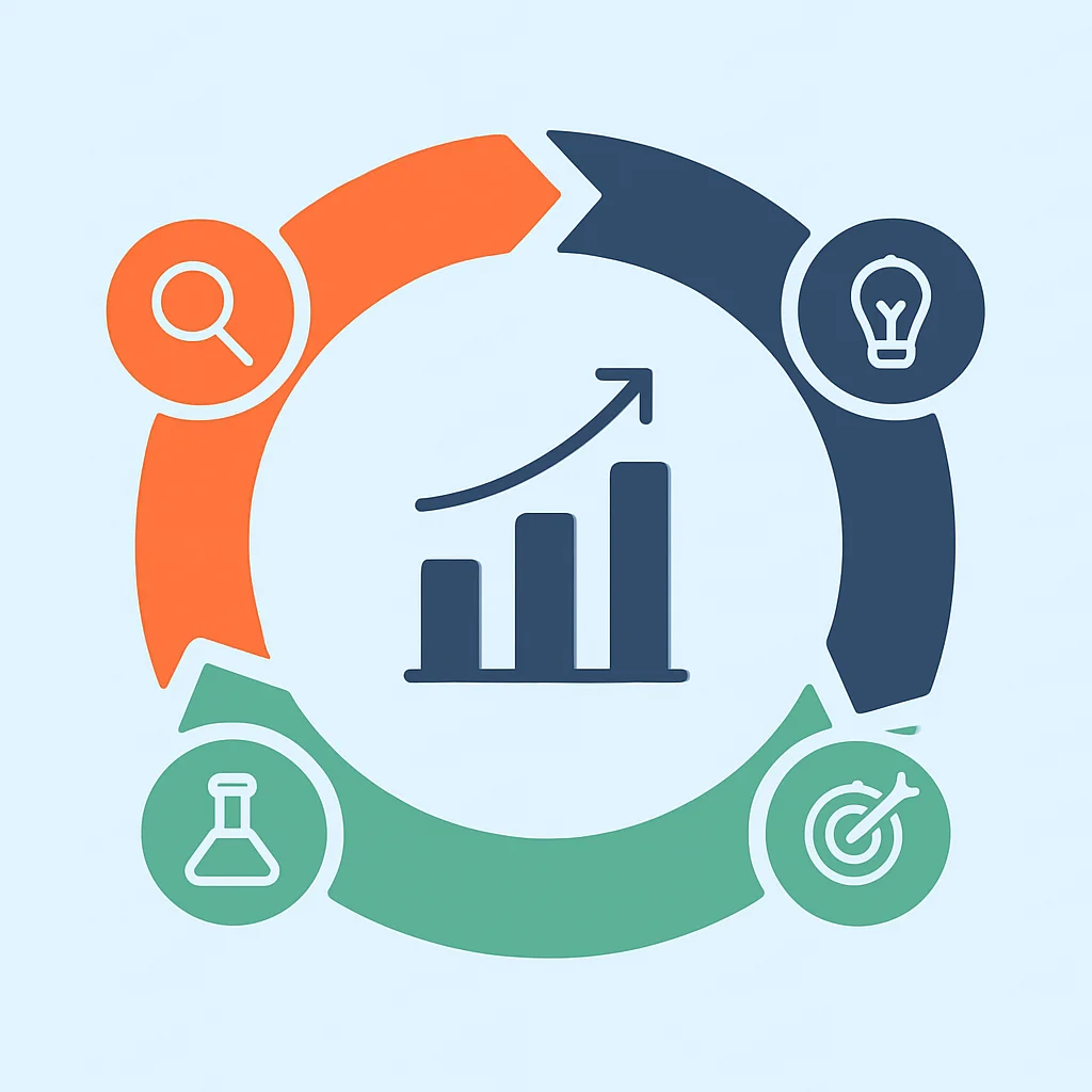 Diagrama do ciclo de Growth Hacking mostrando Analisar, Hipotetizar, Experimentar, Medir