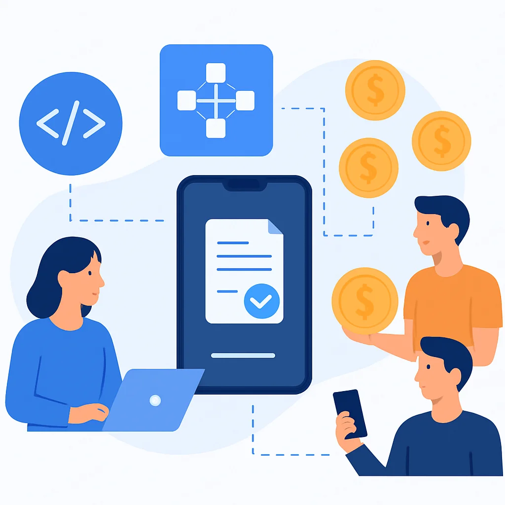Ilustração de um ecossistema de aplicativo descentralizado (DApp) com usuários interagindo com contratos inteligentes e ganhando tokens