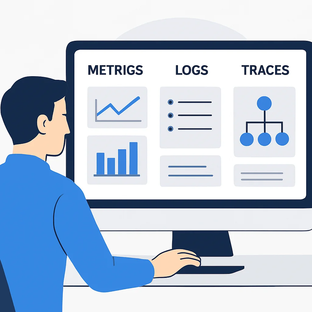 Ilustração de um desenvolvedor usando um dashboard de observabilidade no início do ciclo de desenvolvimento.