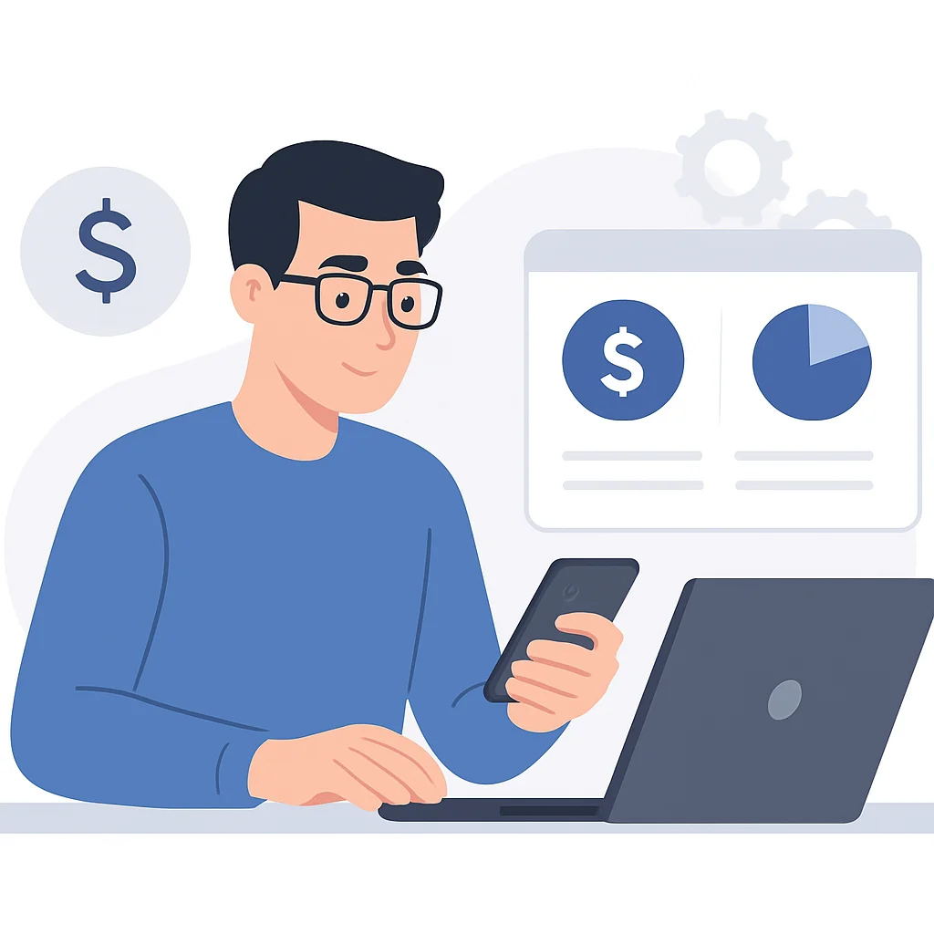 Ilustração de um desenvolvedor gerenciando finanças em um laptop e celular