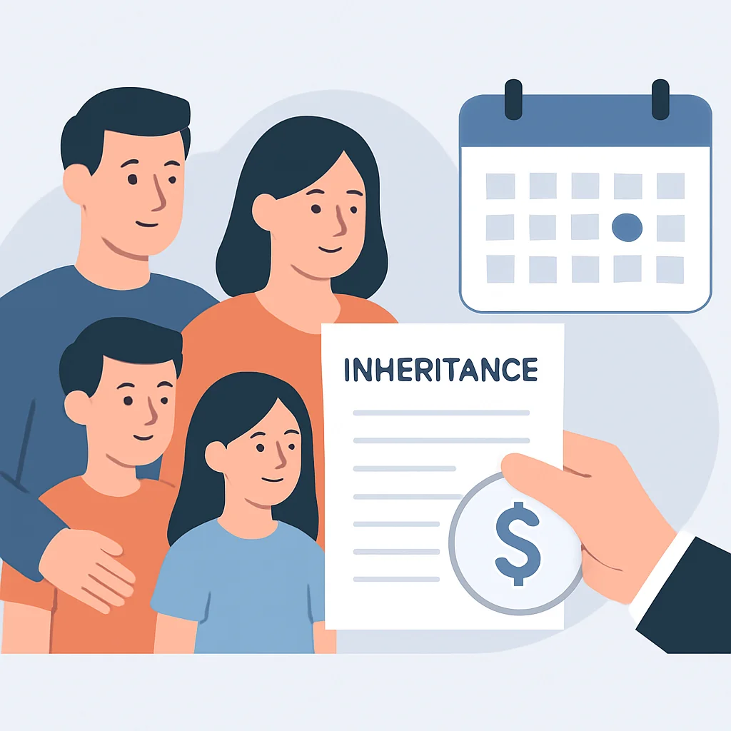 Ilustração de uma família recebendo herança, destacando documentos e calendário para prazos de ITCMD
