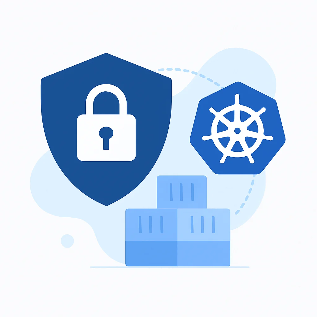 Ilustração de um escudo protegendo um cluster Kubernetes, simbolizando medidas de segurança
