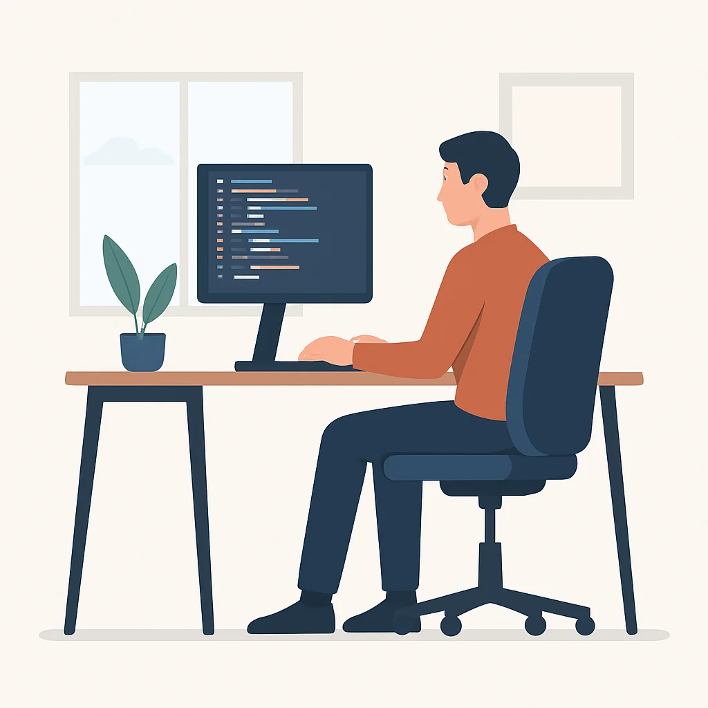 Ilustração de uma estação de trabalho ergonômica com um desenvolvedor trabalhando confortavelmente