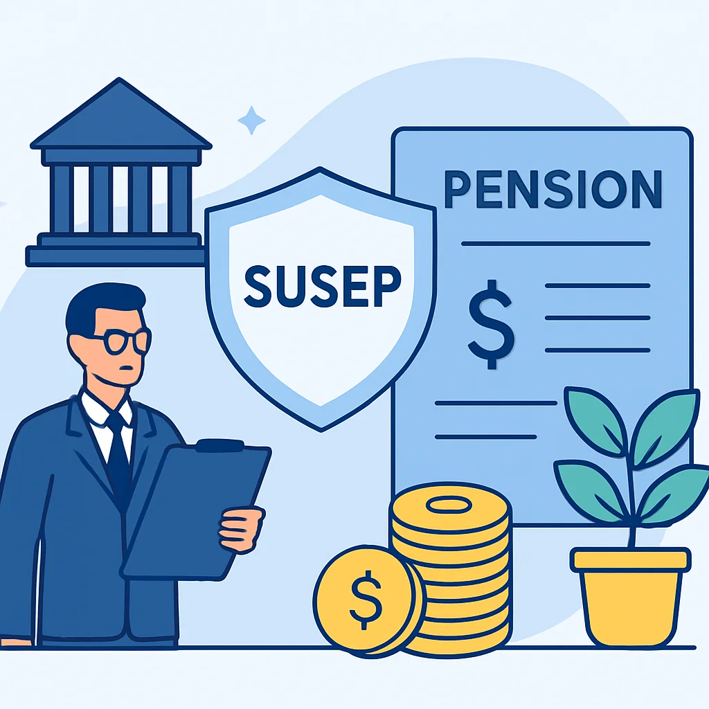 Ilustração de órgãos reguladores (SUSEP) supervisionando planos de previdência privada