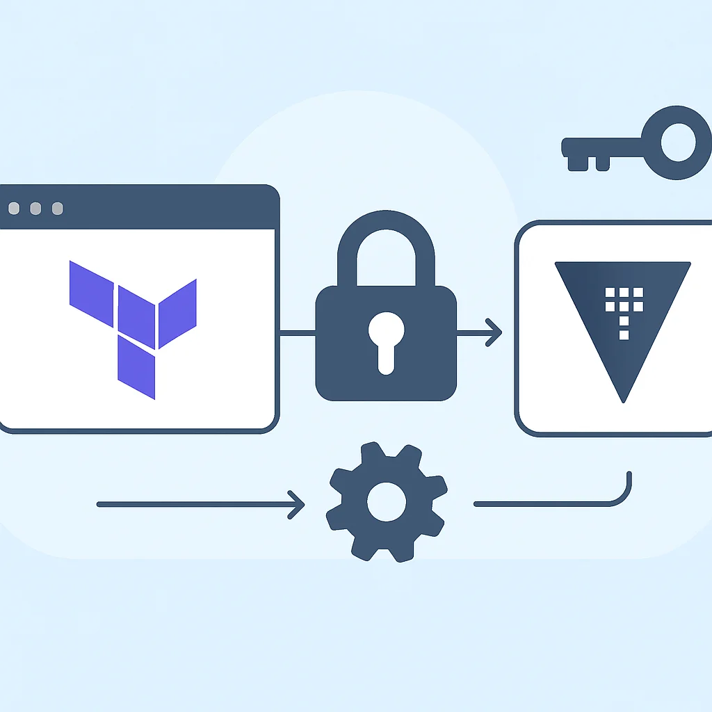 Ilustração de gerenciamento seguro de segredos em pipeline DevOps com Terraform, integrando-se a um gerenciador de segredos como o Vault