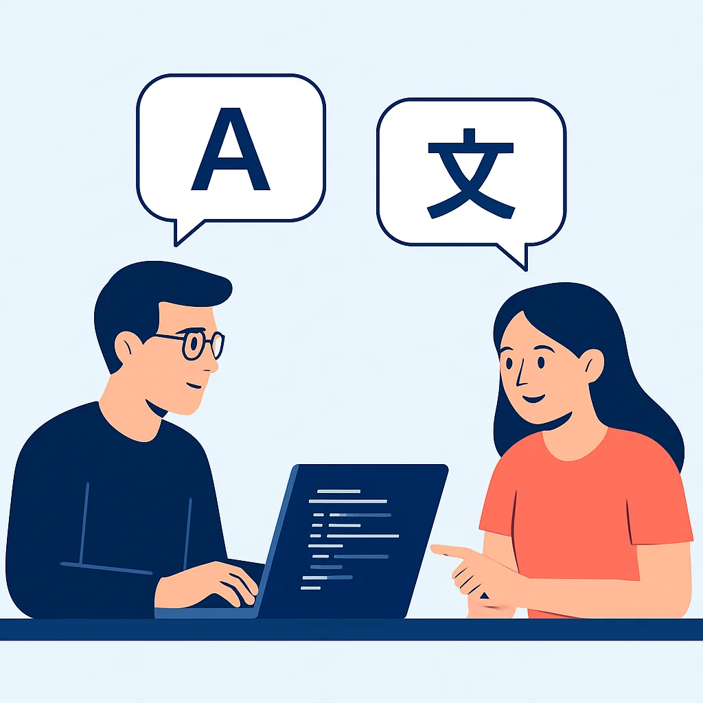 Ilustração de dois desenvolvedores fazendo pair programming e praticando intercâmbio linguístico.