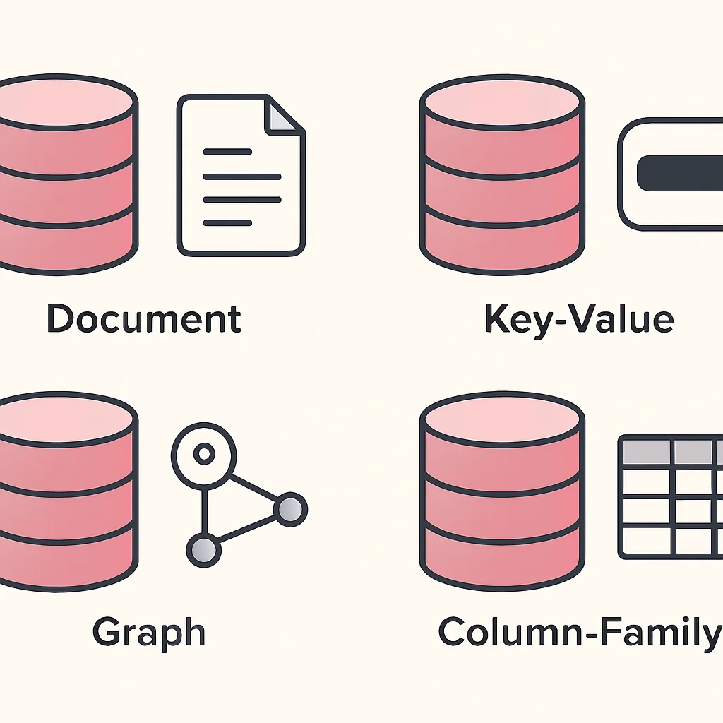 Ilustração mostrando diferentes tipos de bancos de dados NoSQL (documento, chave-valor, grafo, colunar) e seus modelos de dados