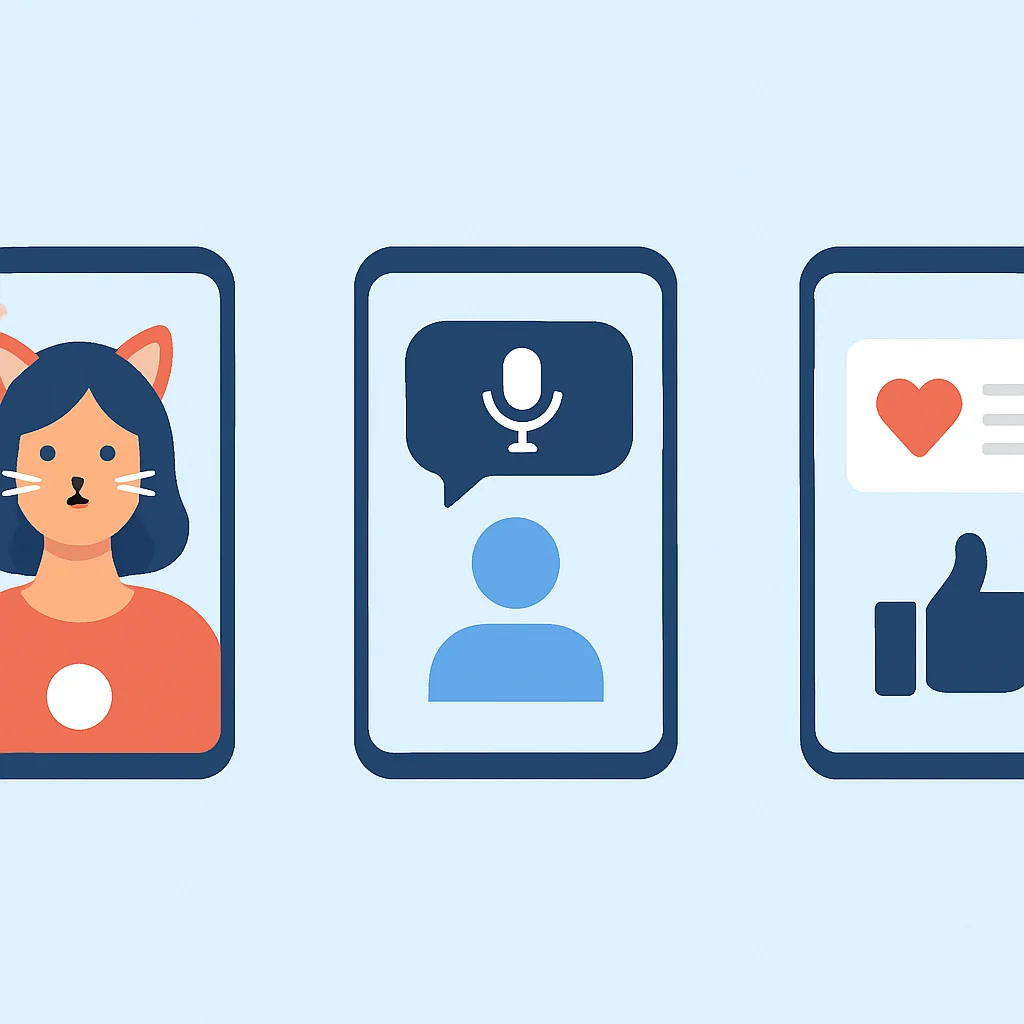 Infográfico de casos de uso de IA mobile: filtros de RA, assistentes inteligentes e recomendações personalizadas