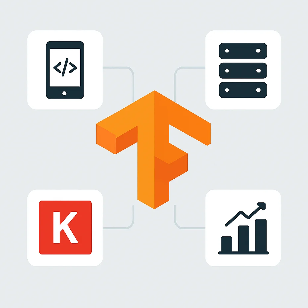 Infográfico mostrando os componentes do ecossistema TensorFlow como TFLite, TFServing, Keras, TensorBoard