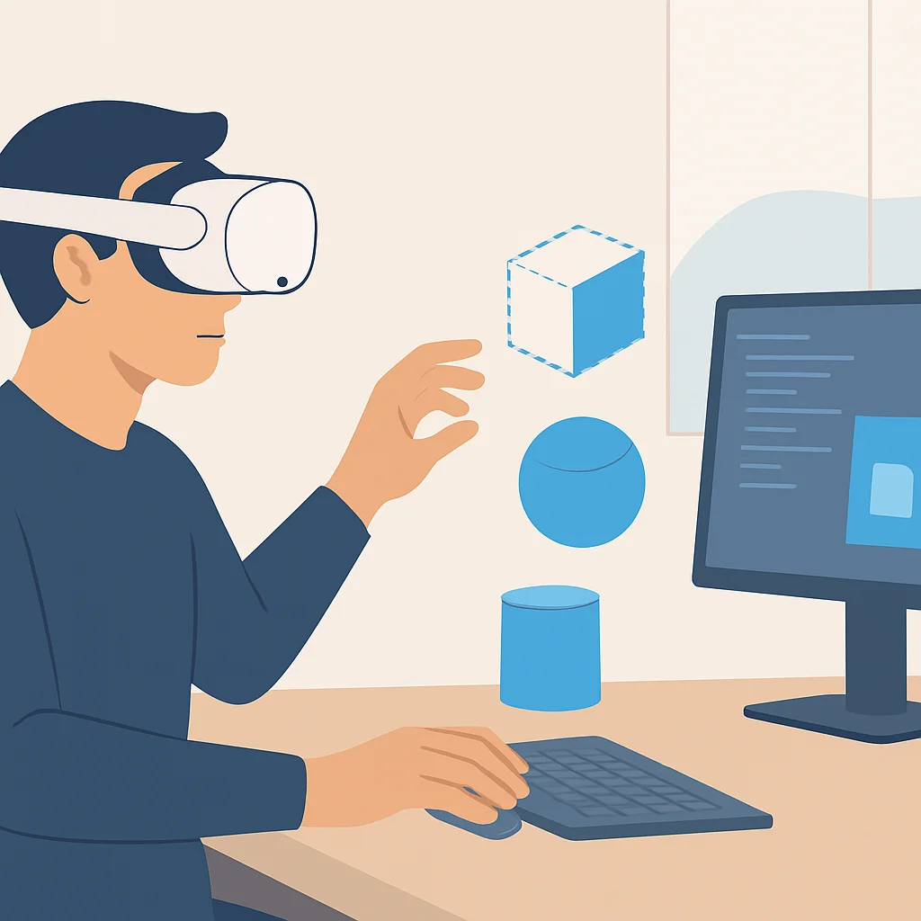 Headset Meta Quest 3 sendo usado por um desenvolvedor em um ambiente de realidade mista, sobrepondo objetos virtuais em uma mesa real