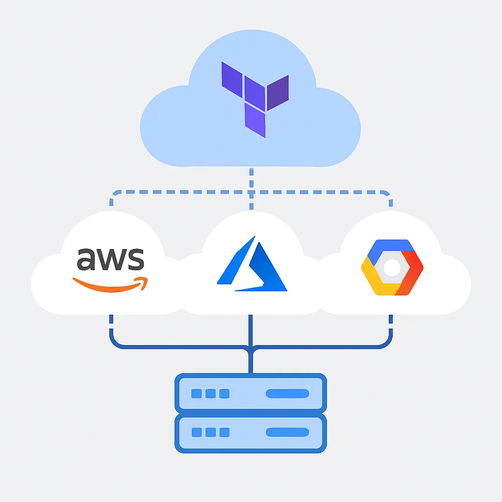 Diagrama de arquitetura multi-nuvem mostrando serviços implantados em AWS, Azure e GCP gerenciados pelo Terraform