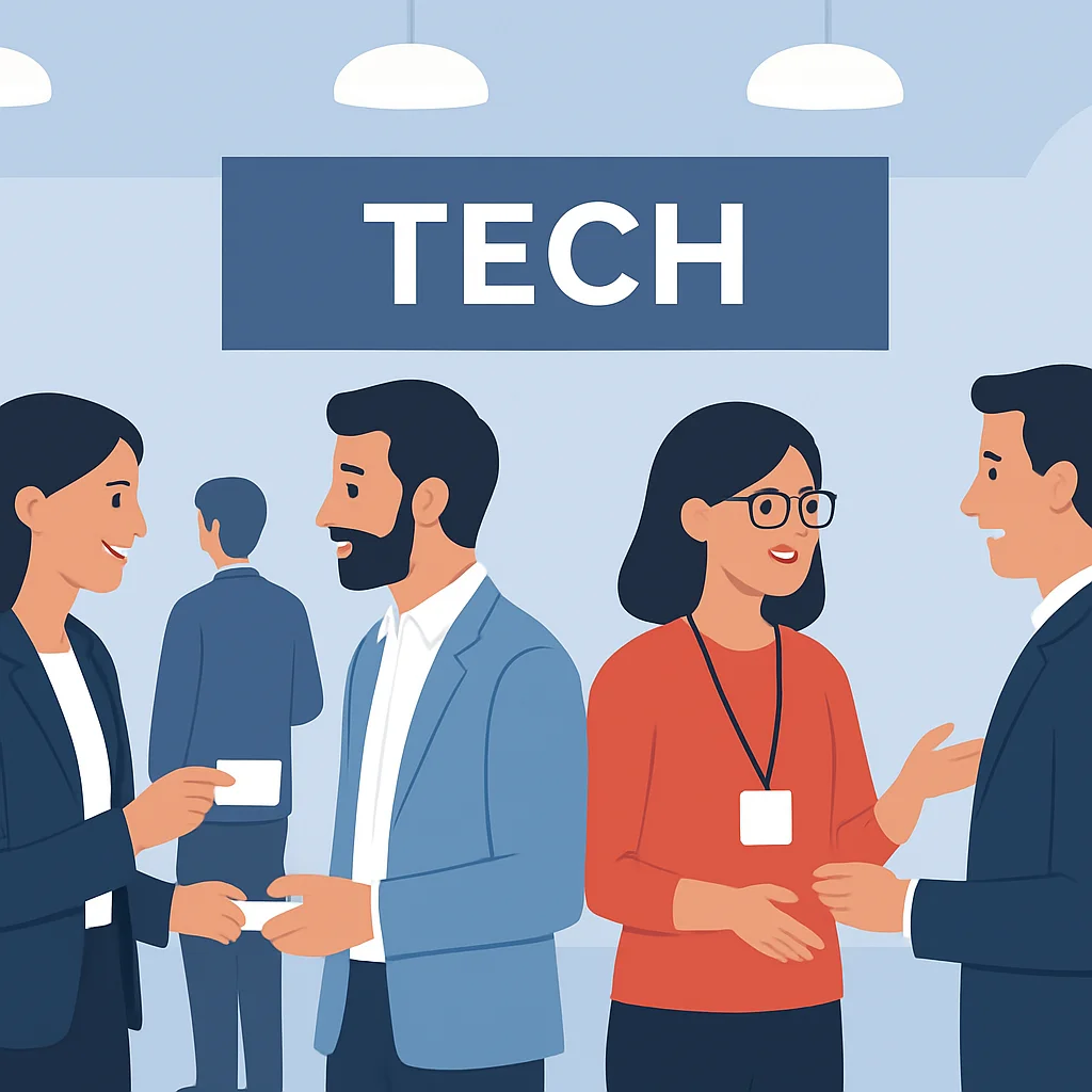 Pessoas fazendo networking em uma conferência de tecnologia, trocando cartões e conversando