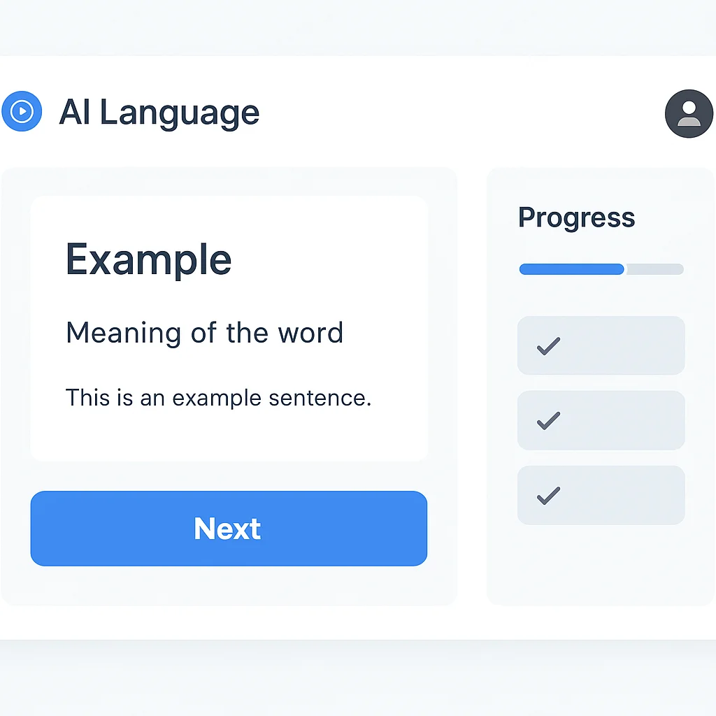 Captura de tela da interface de um aplicativo de idiomas com IA mostrando uma sessão de flashcards personalizada com definições, exemplos e acompanhamento de progresso