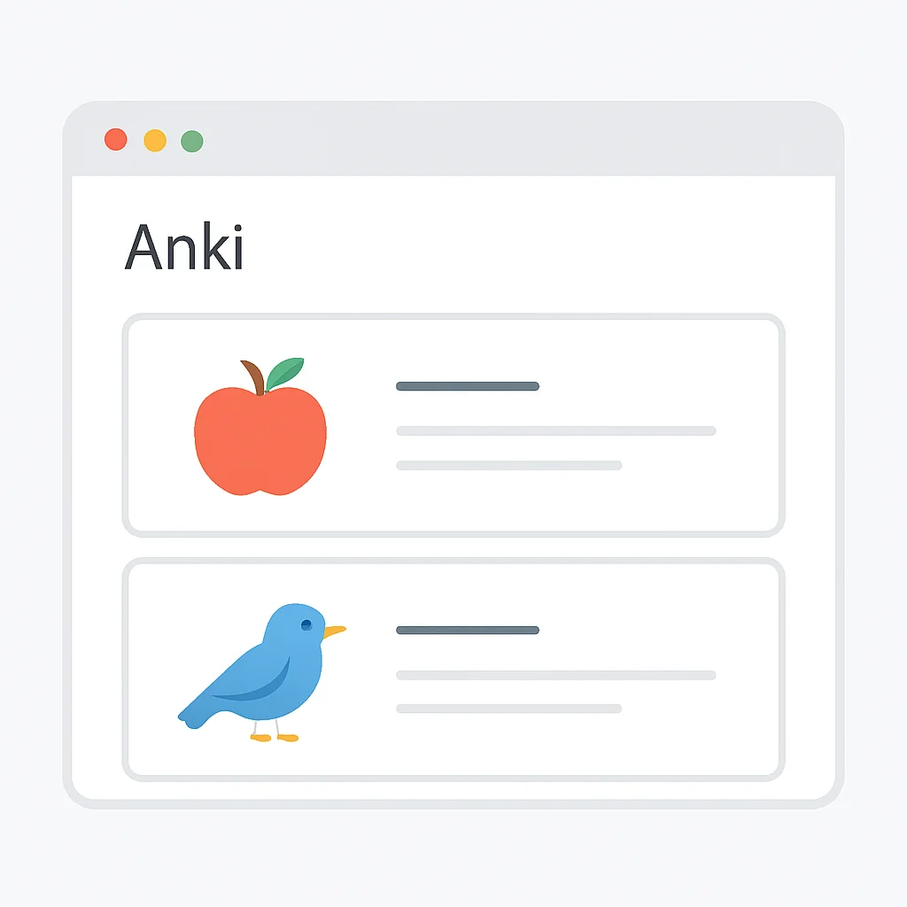 Captura de tela da interface do Anki mostrando flashcards com imagens e frases de exemplo