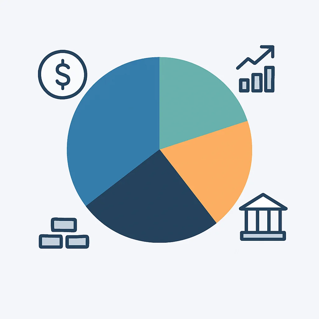 Gráfico simples de diversificação de carteira de investimentos com diferentes classes de ativos