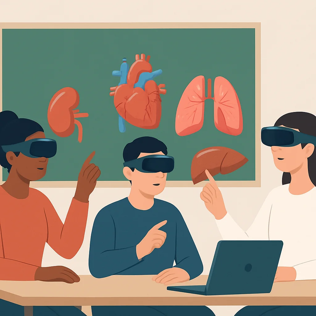 Alunos usando headsets de computação espacial em aula de anatomia virtual