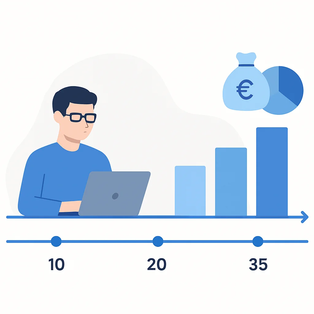 Linha do tempo mostrando a progressão da carreira de um desenvolvedor e contribuições de previdência ao longo de 35 anos