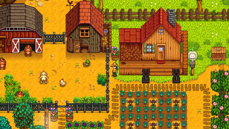 Um fazendeiro cuidando de sua plantação em Stardew Valley