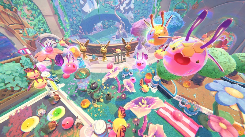 O jogador explorando um mundo colorido com slimes adoráveis